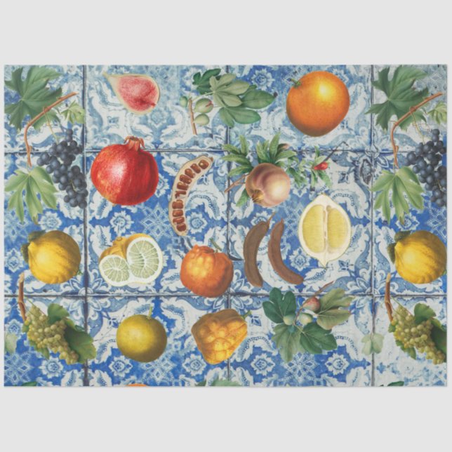 Mediterranean Summer Fruit & Blue White Mosaic Tissue Paper (Front)