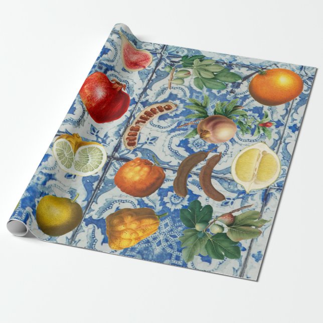 Mediterranean Summer Fruit & Blue White Mosaic  Wrapping Paper (Unrolled)