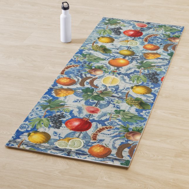 Mediterranean Summer Fruit & Blue White Mosaic Yoga Mat (In Situ)