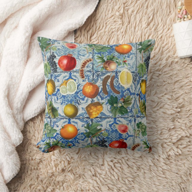 Mediterranean Summer Fruits & Blue White Mosaic  Cushion (Blanket)