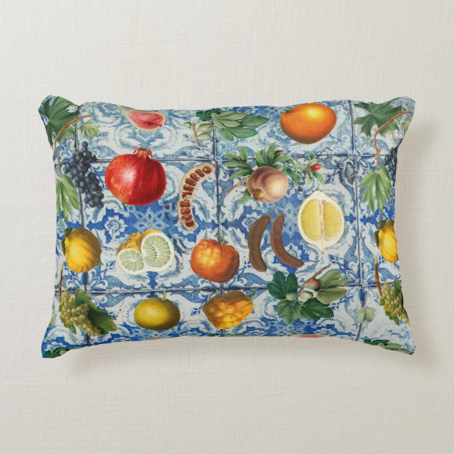Mediterranean Summer Fruits & Blue White Mosaic  Decorative Cushion (Front)