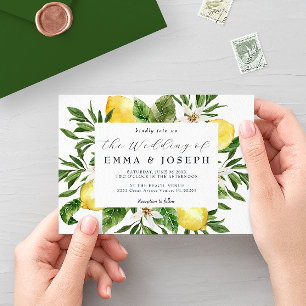 Mediterranean summer lemon bright blue Wedding Invitation
