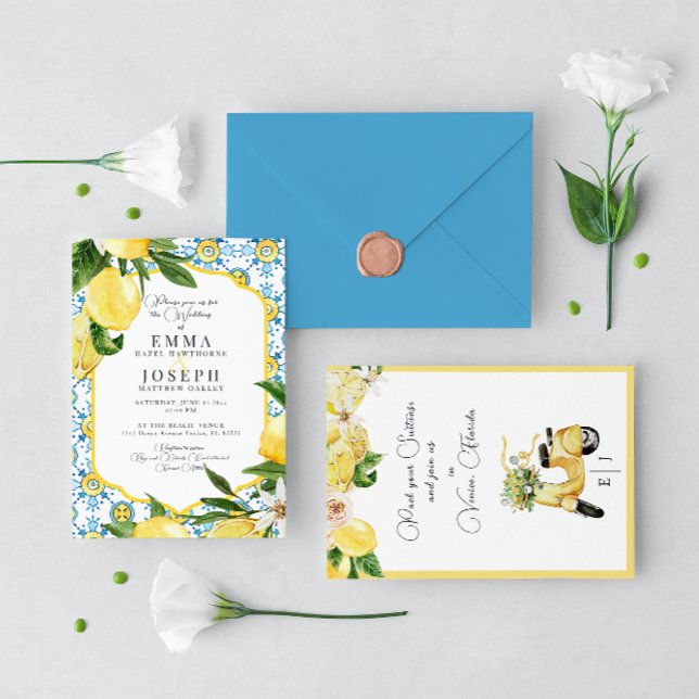 Mediterranean summer lemon bright blue Wedding Invitation (Creator Uploaded)