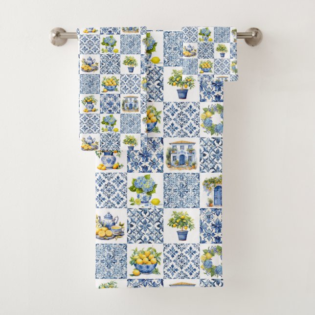 Mediterranean Summer Lemon Pattern  Bath Towel Set (Insitu)