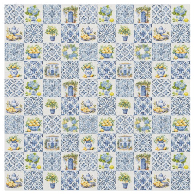 Mediterranean Summer Lemon Pattern  Fabric (Close Up)
