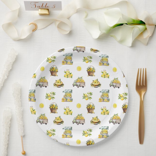 Mediterranean Summer Lemon Pattern  Paper Plate (Wedding)