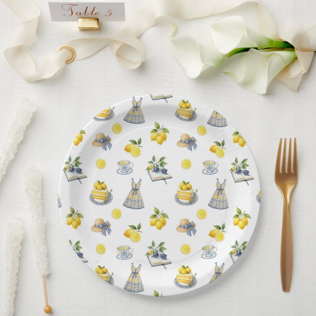 Mediterranean Summer Lemon Pattern  Paper Plate (Wedding)