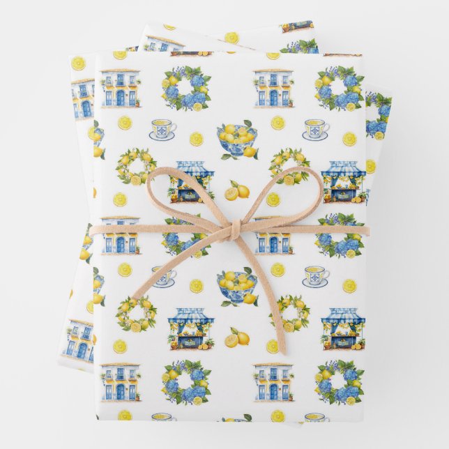Mediterranean Summer Lemon Pattern  Wrapping Paper Sheet (In situ)