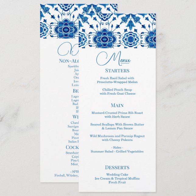 Mediterranean summer modern blue mosaic Wedding Menu (Front/Back)