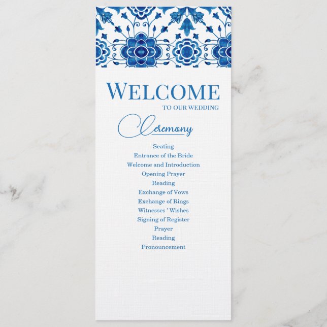Mediterranean summer modern blue mosaic Wedding Programme (Front)