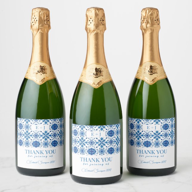 Mediterranean summer modern blue mosaic "Welcome" Sparkling Wine Label (Bottles)
