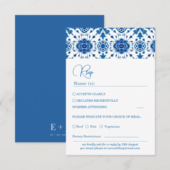 Mediterranean summer modern blue Wedding Rsvp Card (Front/Back)