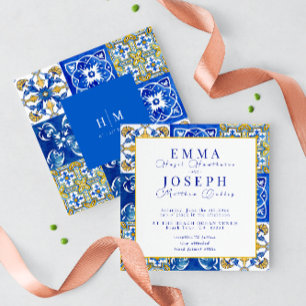 Mediterranean summer modern blue yellow Wedding Invitation