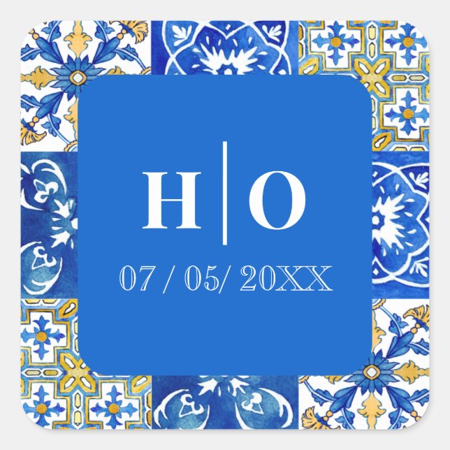 Mediterranean summer modern blue yellow Wedding Square Sticker (Front)