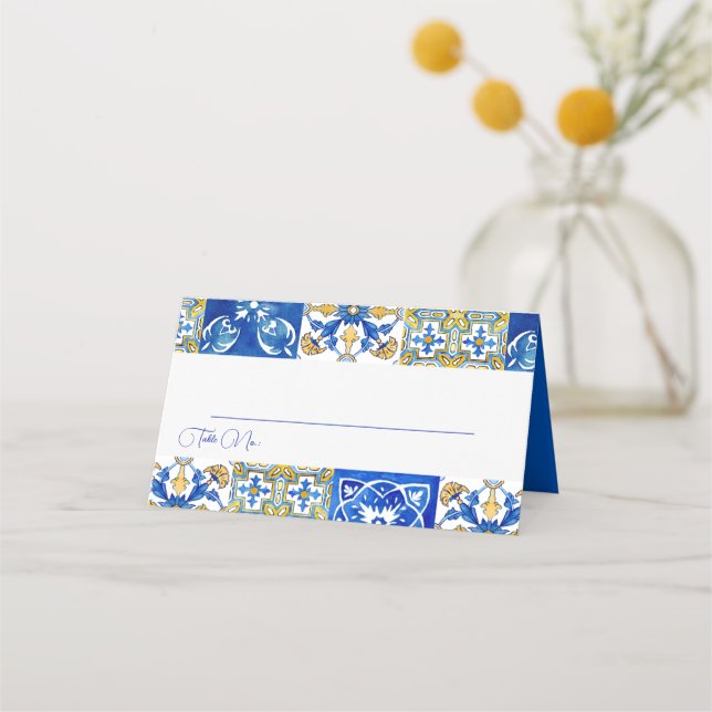 Mediterranean summer modern tile Folded Place Card (Front)