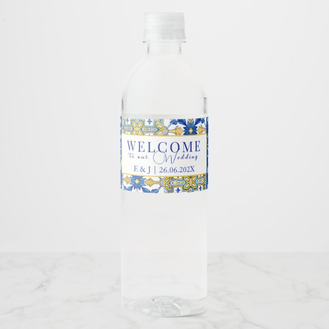 Mediterranean summer modern tile Wedding "Welcome" Water Bottle Label (Front)