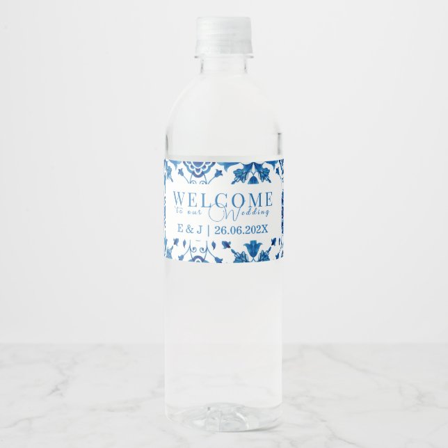 Mediterranean summer modern tile Wedding "Welcome" Water Bottle Label (Front)