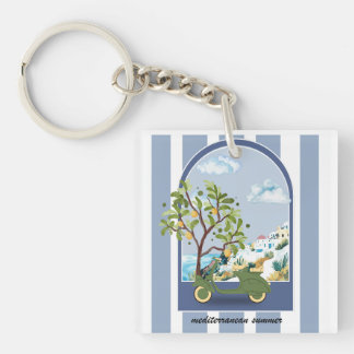 Mediterranean Summer Scooter Coastal Travel Poster Key Ring