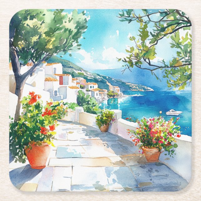 Mediterranean Summer Square Paper Coaster (Front)
