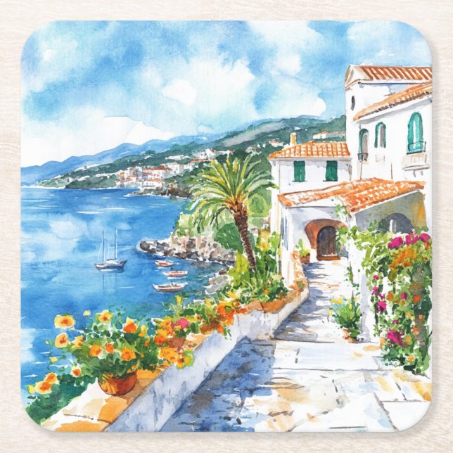 Mediterranean Summer Square Paper Coaster (Front)
