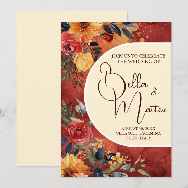 Mediterranean Sun Boho Terracotta Floral Wedding Invitation (Front/Back)