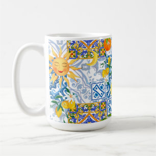 Mediterranean sun,flowers,lemon,half moon, coffee mug