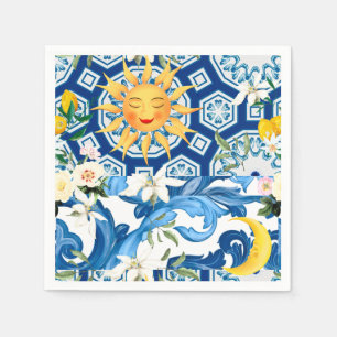 Mediterranean sun,flowers,lemon,half moon, napkin