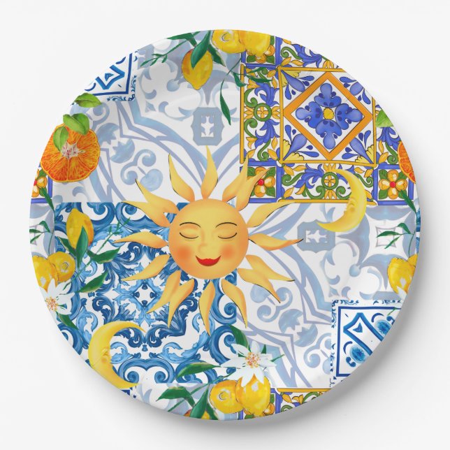 Mediterranean sun,flowers,lemon,half moon, paper plate (Front)