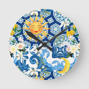 Mediterranean sun,flowers,lemon,half moon, round clock