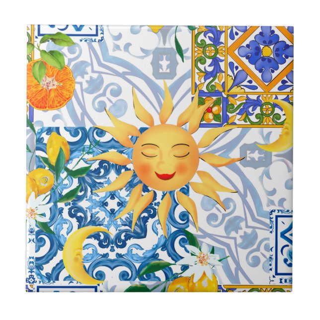 Mediterranean sun,flowers,lemon,half moon, tile (Front)