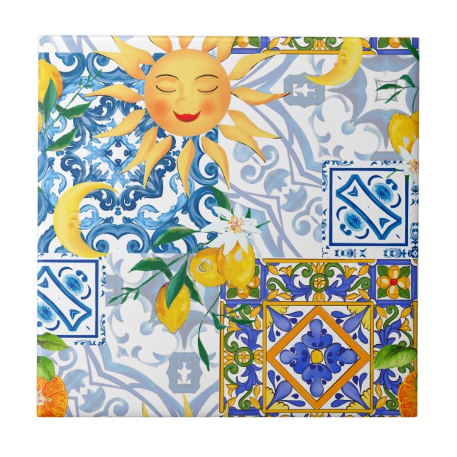 Mediterranean sun,flowers,lemon,half moon, tile (Front)