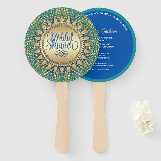 Mediterranean Sun Gold Glitter Bridal Shower Hand Fan (Front and Back)