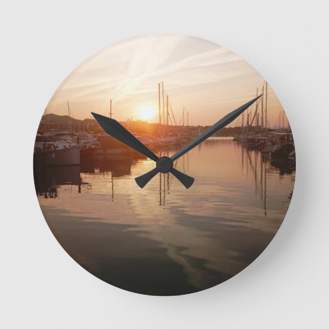 Mediterranean Sunrise over a Marina Wall Clock (Front)