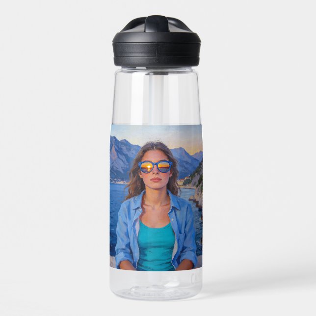 Mediterranean Sunset Reflections – Modern Coastal  Water Bottle (Front)