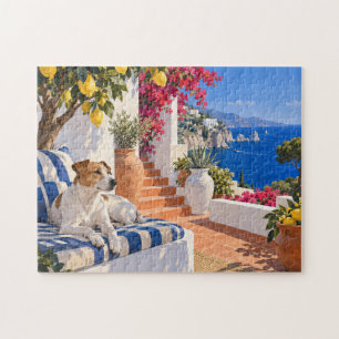 Mediterranean Terrace Dog Resting Among Flowers Jigsaw Puzzle
