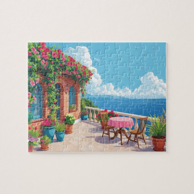 Mediterranean Terrace Ocean View Coastal Art Jigsaw Puzzle (Horizontal)