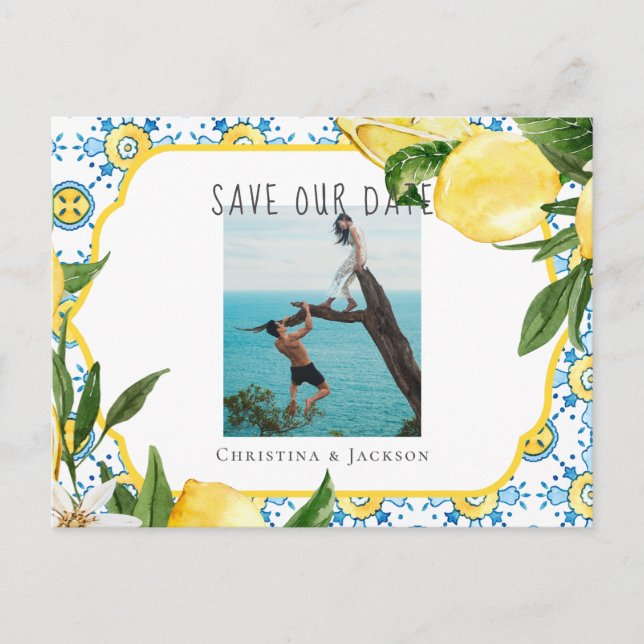 Mediterranean Tile and Lemon Couple Photo Wedding Announcement Postcard (Front)