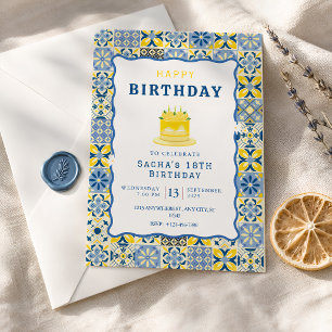 Mediterranean Tile Birthday Blue Yellow Invitation