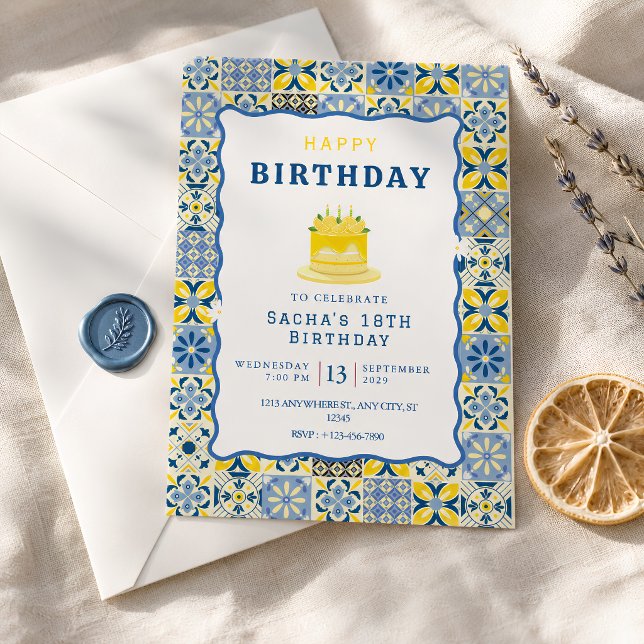 Mediterranean Tile Birthday Blue Yellow Invitation (Creator Uploaded)