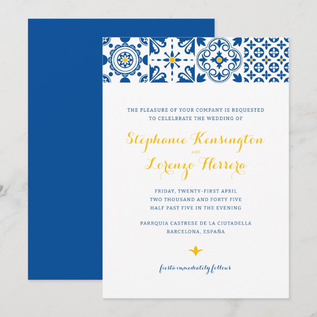 Mediterranean Tile Blue Yellow Wedding Invitation (Front/Back)