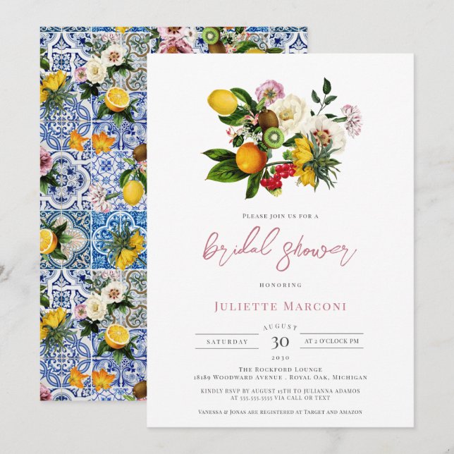 Mediterranean Tile Floral Citrus Bridal Shower Invitation (Front/Back)