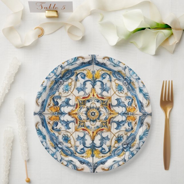 Mediterranean Tile flower Italian Positano Lemon Paper Plate (Wedding)