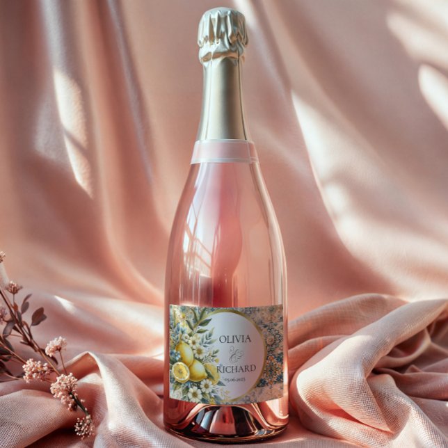 Mediterranean Tile flower Italian Positano Lemon Sparkling Wine Label (Creator Uploaded)