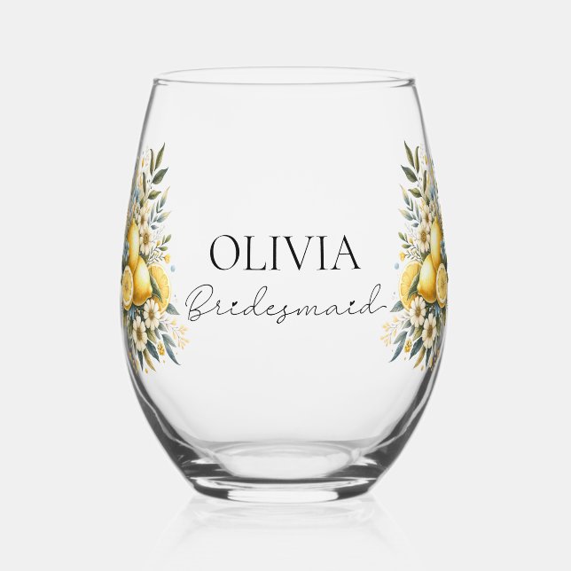 Mediterranean Tile flower Italian Positano Lemon Stemless Wine Glass (Front)