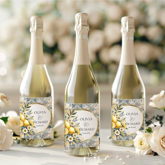 Mediterranean Tile flower Italian Positano Lemon Wine Label (Creator Uploaded)