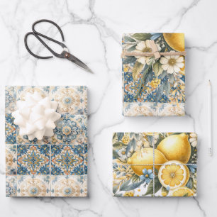 Mediterranean Tile flower Italian Positano Lemon Wrapping Paper Sheet