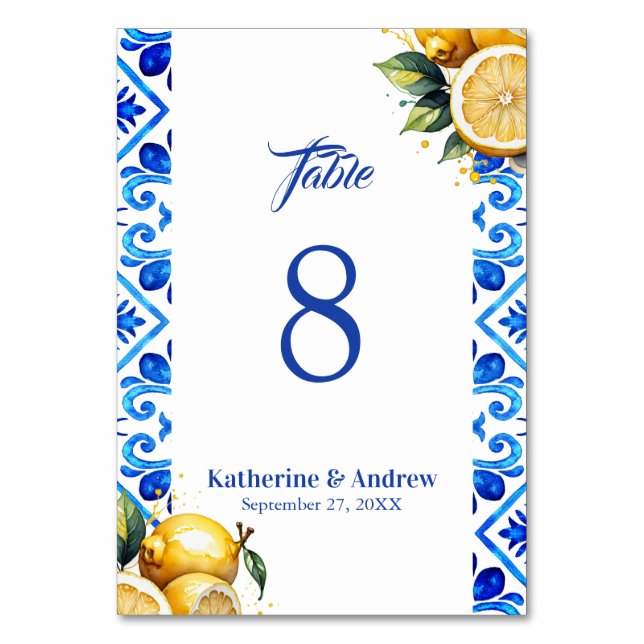 Mediterranean Tile Italian Lemon Wedding  Table Number (Back)