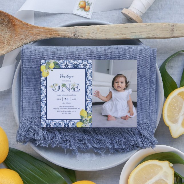 Mediterranean Tile Lemon Baby Girl First Birthday Invitation (Creator Uploaded)