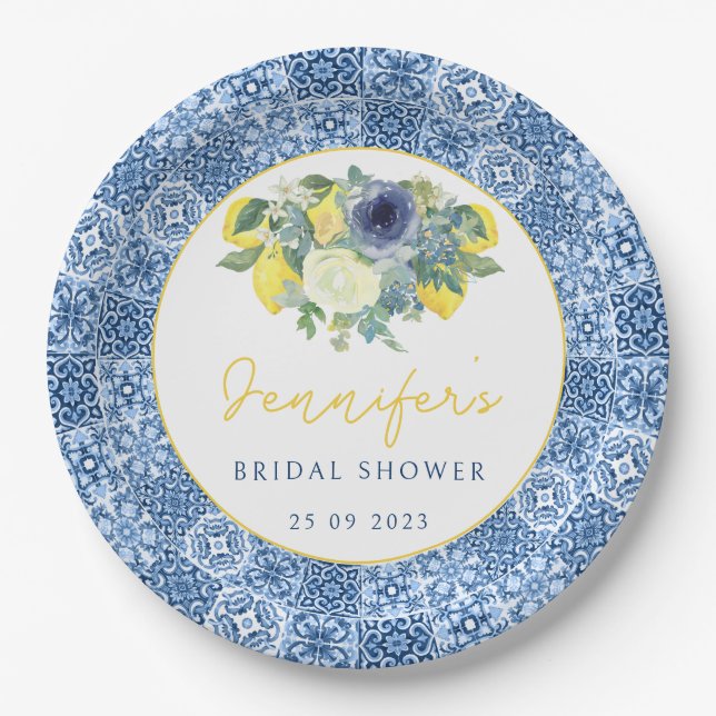 Mediterranean tile Lemon Bridal Paper Plate (Front)