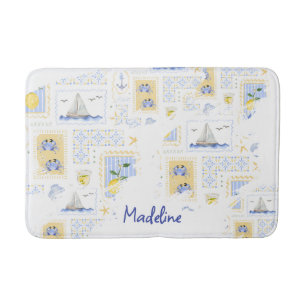 Mediterranean Tile Lemon Coastal Monogram Name Bath Mat